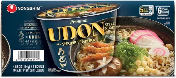 Nongshim Udon Shrimp Tempura Ramyun Ramen Noodle Soup Big Bowl 4.02 oz., 6 count.pack of 2