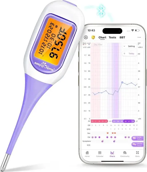 Easy@Home Smart Basal Thermometer, Large Screen and Backlit, Period Tracker with Premom (iOS & Android) - Auto BBT Sync, Charting, Coverline, Accurate Fertility Prediction EBT-300 Purple