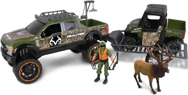 NKOK Realtree 1/18 Scale Free-Wheel Playsets 10-PC Set, RT Ford F-250 Super Duty w/ Polaris Ranger on Trailer & Accessories (Roof Rack, Hunter, Helmet, Game Hoist, Roll Bar, Elk, Bow&Arrows)