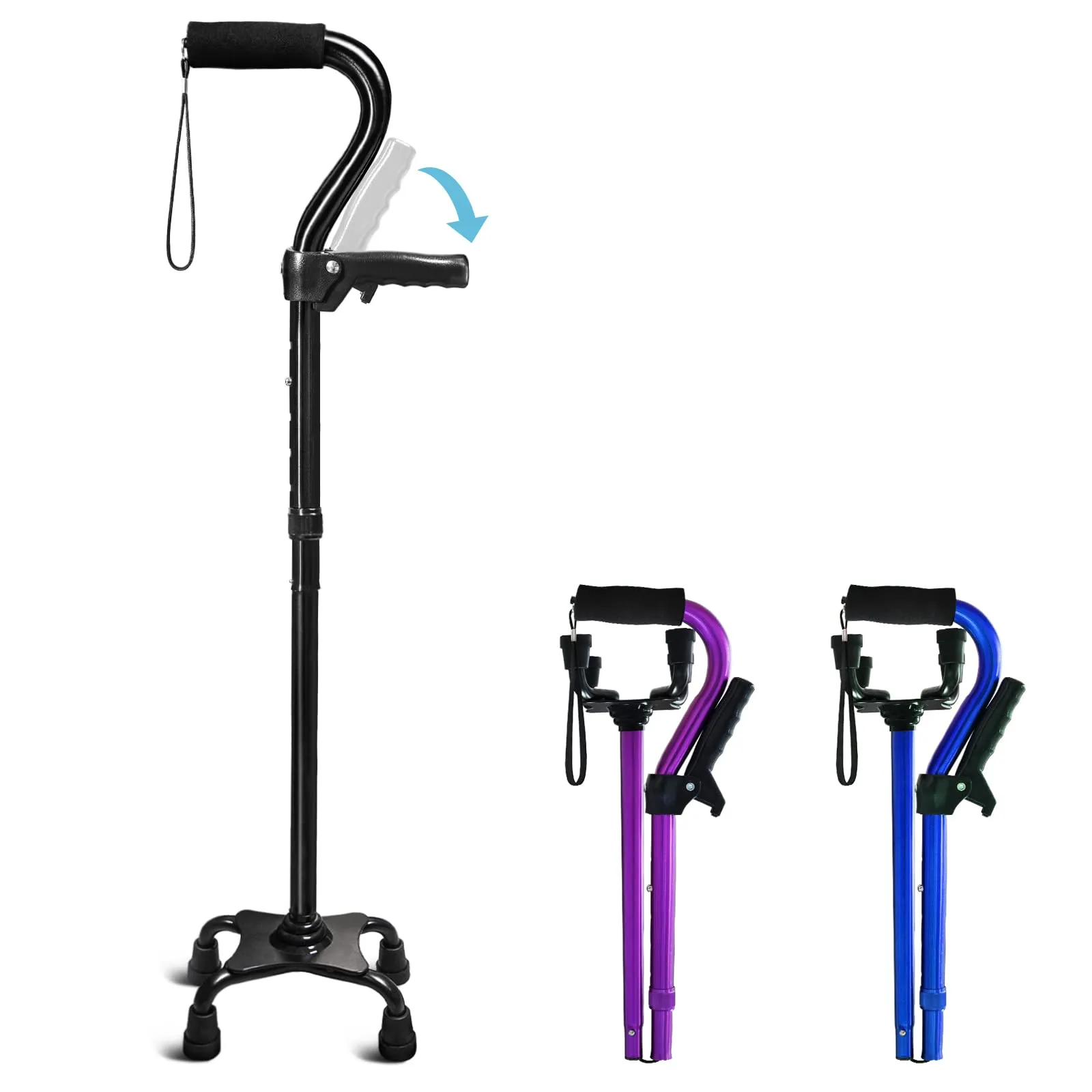 Foldable Walking Cane W/ Stable Quad Base Adjustable Height &amp; Dual Handles Black