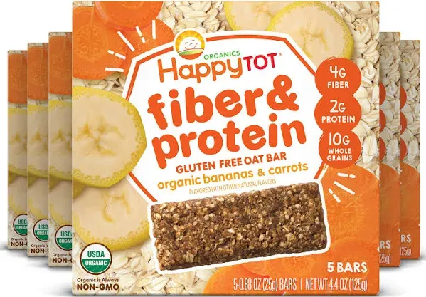 Happy Tot Organics Fiber & Protein Soft-Baked Oat Bars Organic Toddler Snack Banana & Carrot, 0.88 Ounce Bars, 5 Count Box (Pack of 6)