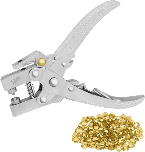 KURTZY 3/16 Inch Grommet Metal Tool - Eyelet Hole Punch Pliers Kit with 100 Eyelets - 7.2mm Gold Metal Grommets - Plier Puncher Set for Fabric, Leather, Belts, Canvas, Shoes, Bags and Craft Supplies