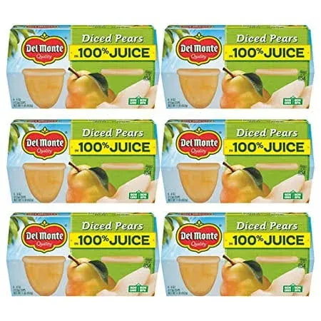 Del Monte Pears, Diced, No Sugar Added - 4 pack, 4 oz cups