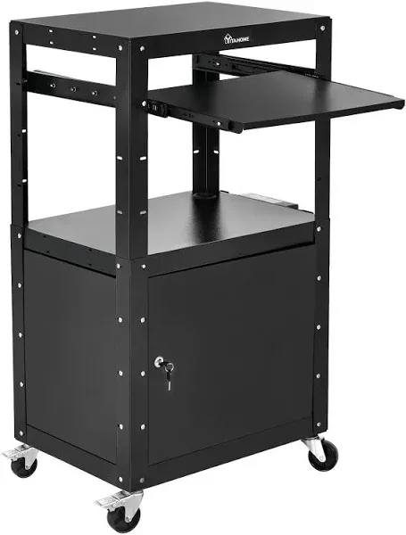 YITAHOME Steel AV Cart with Locking Cabinet, Metal Presentation Cart with Keyboard Tray, Rolling Media Cart with Wheels & Power 16.4ft Extra-Long Cord for Computer Laptop Projector Printer Black