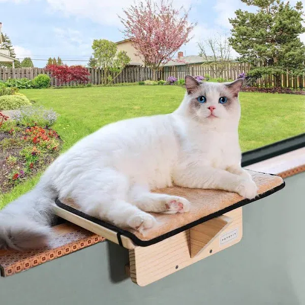 Petsfit Cat Window Perch Natural Solid Wood with Removable Fleece Mat, Safety Sturdy Cat Perch, Fit for Windows/Door/Drawer