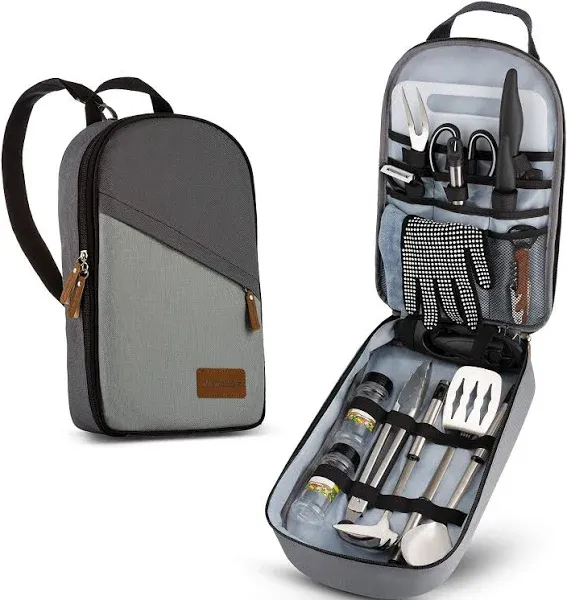 17 piece Camp Kitchen Cooking Utensil Set Travel Organizer Grill Accessories Portable Compact Gear for Backpacking BBQ Camping.