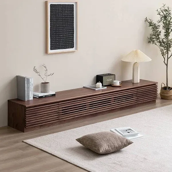 POVISON Wood Media Console, 86'' Mid-Century Modern TV Stand with Storage, Assembly-Free Large Slatted TV Console for up to 85 Inches TV, Customized Compartments & Solid Pinewood Drawer