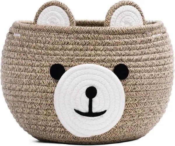 CherryNow Cotton Rope Basket Baby Basket for Nursery, Bear Gift Basket for Kids, Empty Baby Shower Basket with Handles, Small Cute Animal Basket, Brown, 10.5"D x 8.5"H