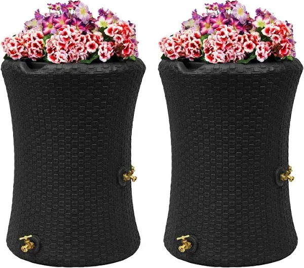 Good Ideas Impressions 50 Gallon Nantucket Outdoor Home Rain Barrel Water Storage Collector with Garden Planter and Brass Spigot, Black (3 Pack)