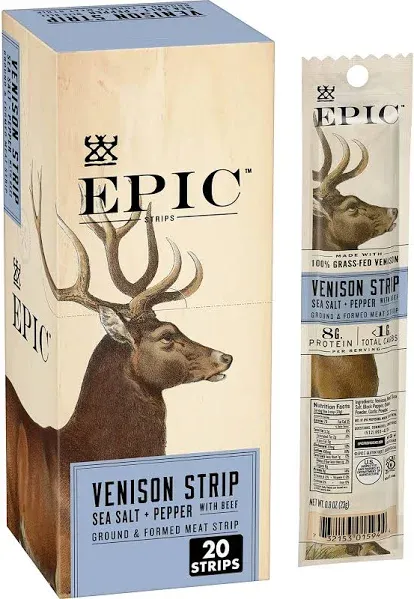 EPIC Venison Strips - Sea Salt &amp; Pepper - 20 Count - 100% Grass-Fed - 8g Protein