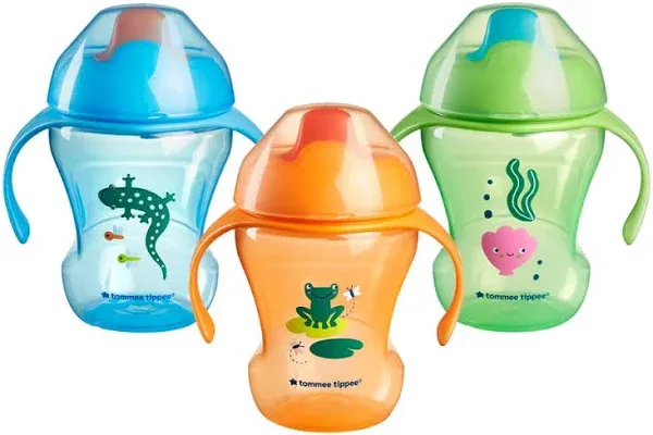 Tommee Tippee Trainer Sippee, 7fl oz, Sippy Trainer Cups for Babies 6 Months+, Blue, Orange and Green, 3-Pack