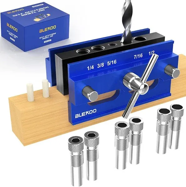 BLEKOO Self Centering Doweling Jig Kit, Drill Jig for Straight Holes Biscuit Joiner Set with 6 Drill Guide Bushings, Adjustable Width Drilling Guide