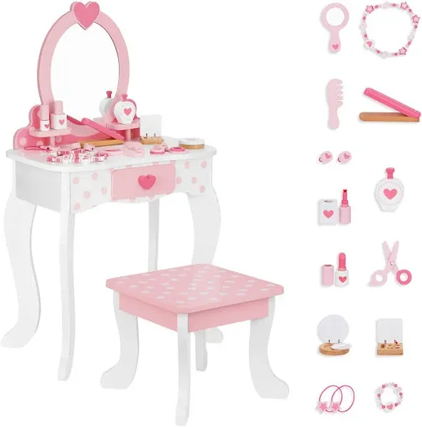 Kids Vanity Set,Table & Chair Vanity Set with Mirror（Includes 15 pcs Multiple Make up Accessories, Makeup Dressing Table with Storage Drawer, Pink