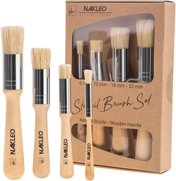 4 Pcs Wooden Stencil Brush Set - Natural Bristle - 6-12-18-22 mm - 1/4, 1/2, 3/4 and 1 inch - for stenciling, waxing, Chalk, Oil and Acrylic Paint