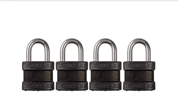 Commando Lock Keyed Padlock Military-Grade W 1-1/8&#034; Shackle Blackout (4-Pack)