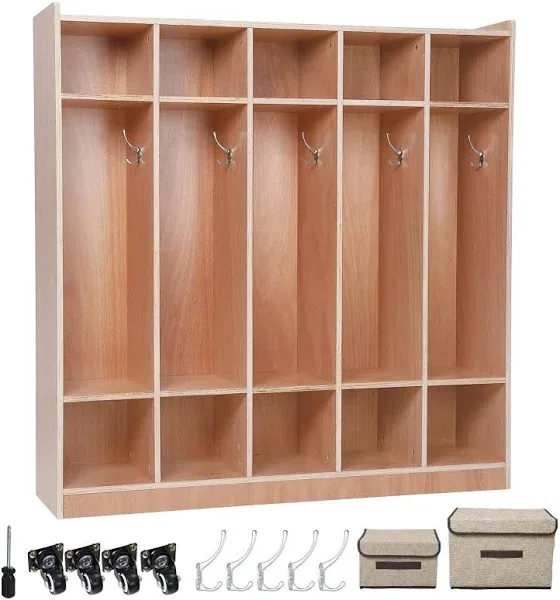 Garvee 5-Section Classroom Coat Locker, 10 Cubbies for Classrooms, Daycare Cubby with 4 casters, 5 Hooks and 2 Storage Boxes, for Home, School, Kindergarten