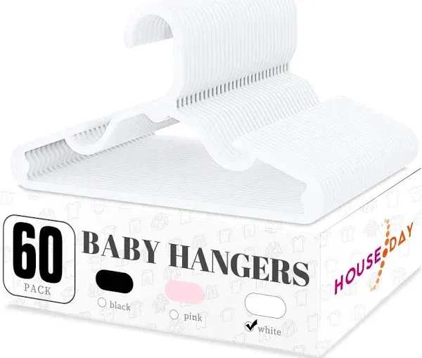 HOUSE DAY Plastic Baby Hangers for Closet 60 Pack, Durable Plastic Kids Hangers for Baby Clothes, Thin & Compact Childrens Hangers, Space Saving White Baby Hangers, Small Hangers for Kids Clothes