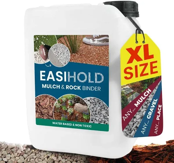 EASIHOLD Mulch Glue - 1.3 Gallon / XL Size - Mulch and Rock Glue for Landscaping and Stabilizing Mulch and Pea Gravel. Lasts up to 3 Years, Non Toxic, Ready to Use, Fast Drying.