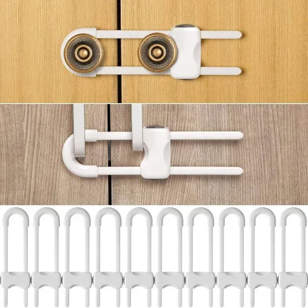 Jetec 10 Pieces Cabinet Locks for Babies, U-Shaped Proofing Drawers Safety Child Locks Adjustable, Easy to Use Childproof Latch for Knob Handle on Kitchen Door Storage Cupboard Closet (Brown)