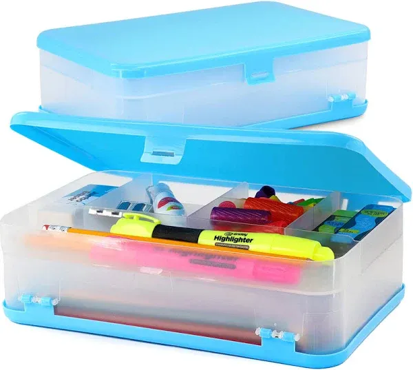 Enday Pencil Box Blue, Large Capacity Plastic Double Deck Box with 12 Compartments, Plastic Pencil Box with Snap-Tight Lid, Hard Pencil Case Storage Organizer Pencil Boxes