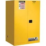 Justrite 90 Gallon Yellow Sure-Grip EX 18 Gauge Cold Rolled Steel Vertical Drum Safety Cabinet With  Manual Close Doors And  Shelves