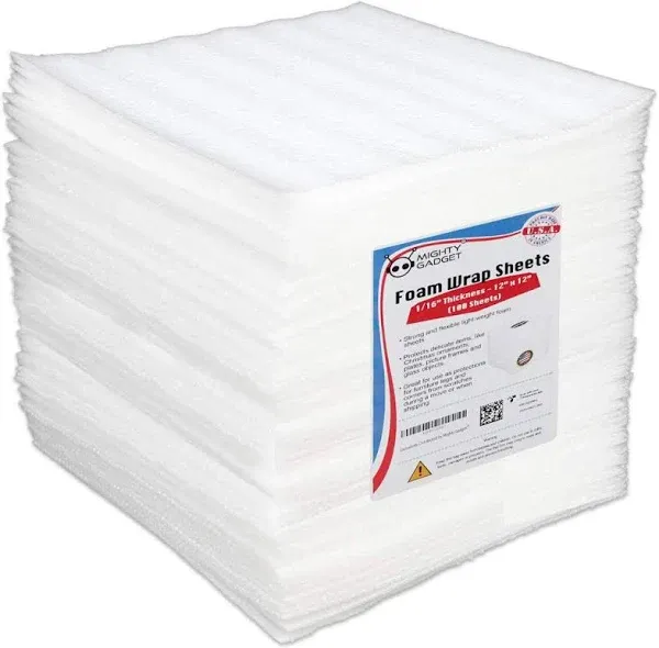 100 Count All Purpose Cushion Foam Wrap Sheets 12x12x1/16” Safely Wrap and Protect Fragile Items: Dishes, Ceramic Plates, Glasses, Cups, Furniture