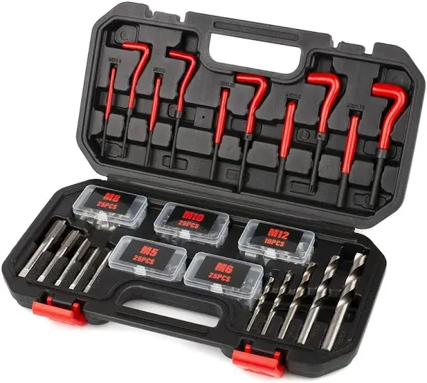 Thread Repair Kit, 131-Piece Metric Helicoil Kit in M5 M6 M8 M10 M12 with HSS Drill Bits Taps Threaded Inserts Screw Tap Installation and Tang Break Tool