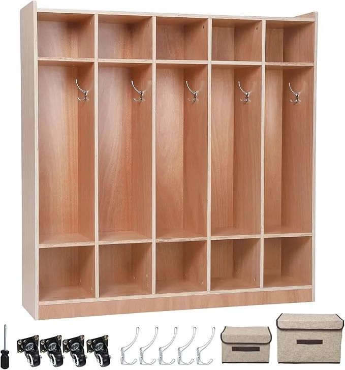 Garvee 5-Section Classroom Coat Locker, 10 Cubbies for Classrooms, Daycare Cubby with 4 casters, 5 Hooks and 2 Storage Boxes, for Home, School, Kindergarten