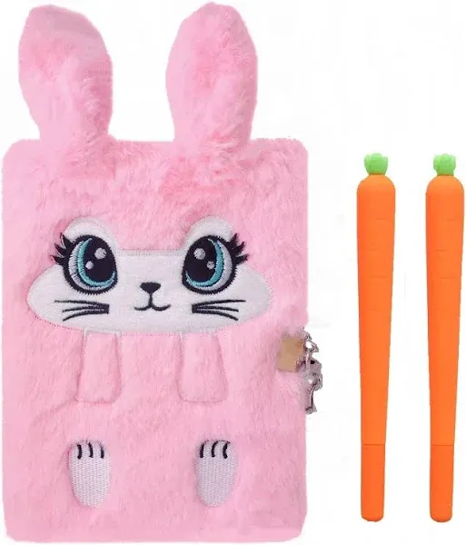 Bunny Diary with Lock for Girls,Kids Cute Fuzzy Journal Girls Fluffy Rabbit Notebook Age 8-12 Set with 2 Carrot Pens for Easter Day，Birthday,New Year