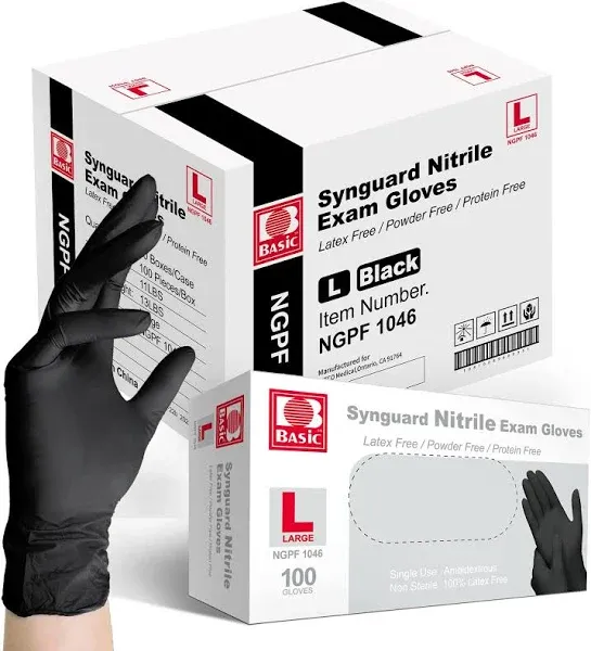 Basic Medical Black Nitrile Exam Gloves - Latex-Free & Powder-Free - NGPF 1045 (Case of 1,000), Medium