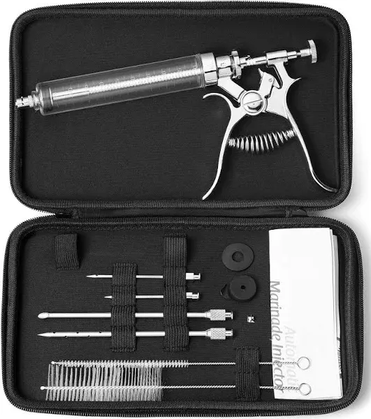 J&B Goods Professional Automatic BBQ Meat Marinade Injector Gun Kit with Case, 2 oz Large Capacity Barrel and 4 Commercial Grade Marinade Needles