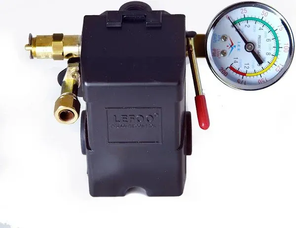 Air Compressor Pressure Control Switch 4 Ports 95-125 PSI w/ 0-200 PSI Gauge 150 PSI pop off valve