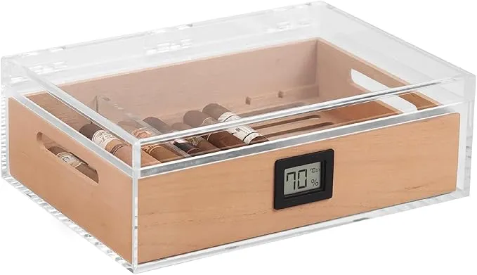 CASE ELEGANCE - Felix Tupperdor - Airtight Acrylic Humidor, Thick Removable Spanish Cedar Tray, Accurate Digital Hygrometer, Acrylic Divider, & Polish Cloth, Holds 35-45 Cigars