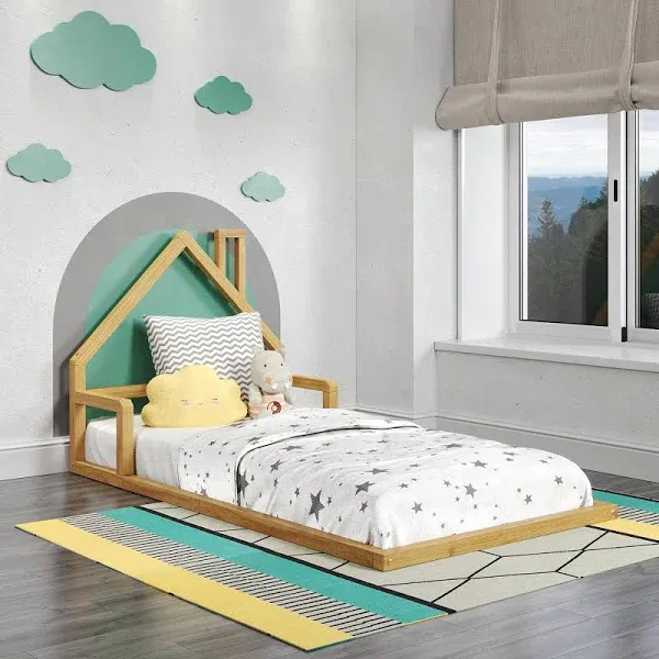 P&#39;Kolino Casita House Twin Floor Bed - Montessori Inspired - Solid FSC Certified Solid Wood Floor Bed - Natural Wood