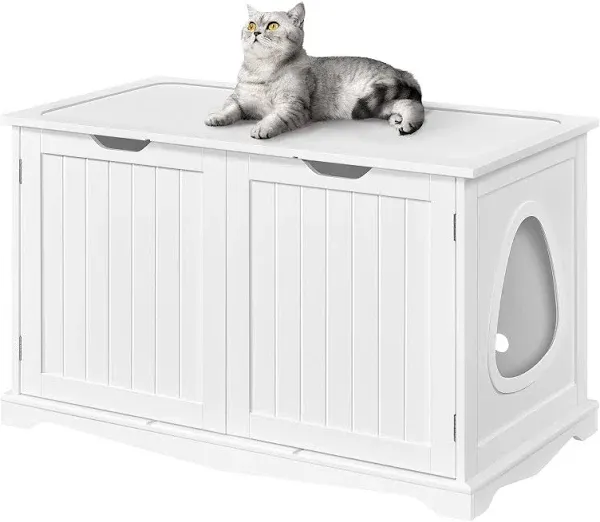 Yaheetech Cat Litter Box Enclosure, Cat Litter Box Furniture Hidden, Wooden Pet Crate Cat Washroom Storage Bench with Divider Home Litter Loo Indoor Cat House White