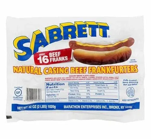 Sabrett Frankfurters, Beef, Skinless, Bun Size