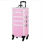 Yaheetech 4-in-1 Aluminum Rolling Cosmetic Makeup Train Cases, Pink