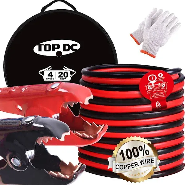 TOPDC Pure Copper 4 Gauge 20 Feet Jumper Cables with UL-Listed Clamps for Car, SUV Trucks Battery, Heavy Duty Booster Cables for Jump Starting Dead, Weak Batteries with Carry Bag, Safety Gloves