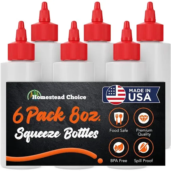 Homestead Choice 6-Pack 8-Ounce Plastic Squeeze Condiment Bottles with Red Twist-Cap (Set