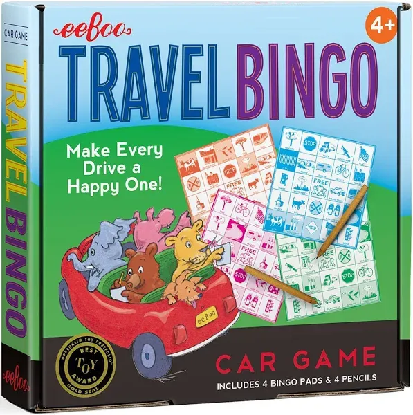 eeBoo: Travel Bingo Game, Make Every Drive a Happy One! Car Game, Includes 4 Bingo Pads & 4 Pencils, Develops Observational Skills, Patience, and Simple Logic, for 1 to 4 Players