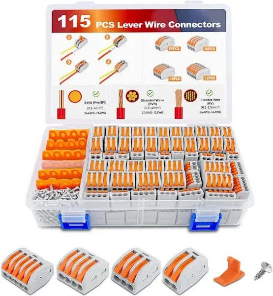 Nilight 115pcs Lever Wire Connectors Nuts Kit 28-12Awg Inline Electrical Terminal 2 3 4 5 Port Assortment Quick Disconnect Push in Wire Connectors