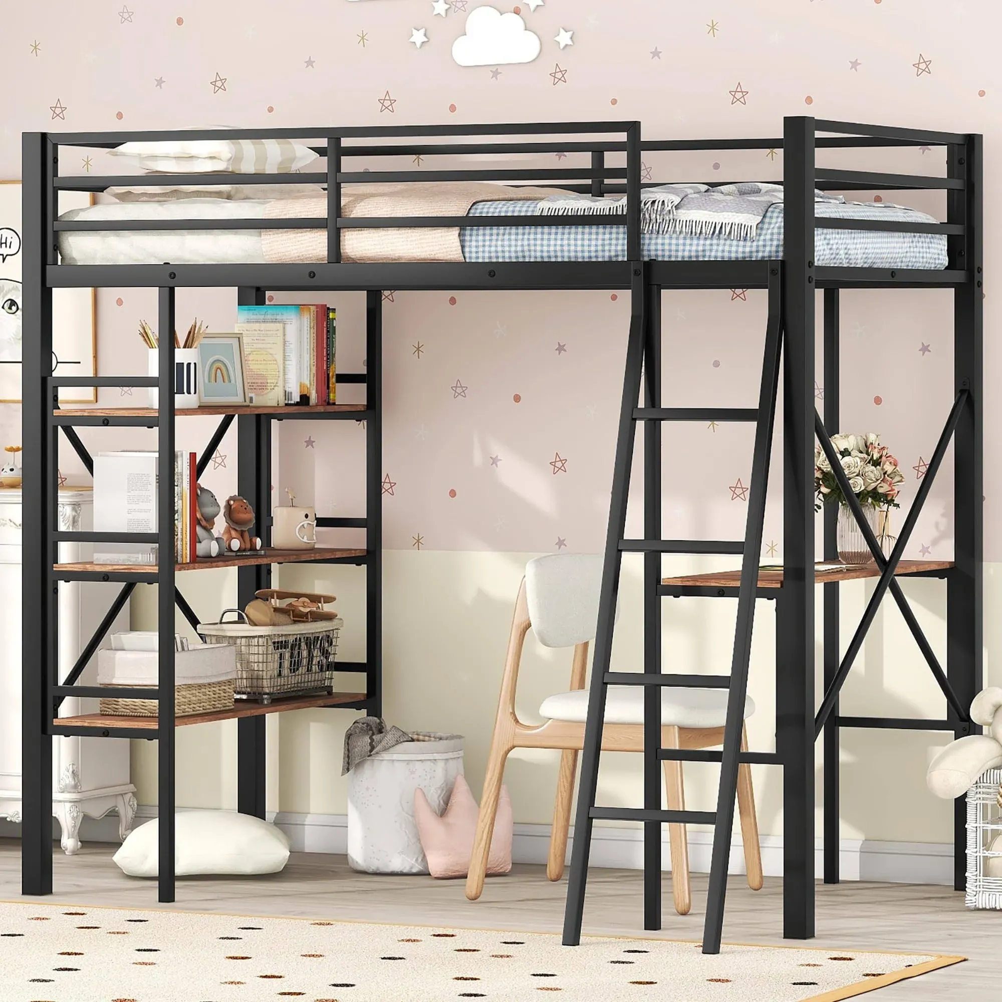 Twin Size Metal High Loft Bed with Shelves and Desk, Heavy Duty Metal Bed Frame, Loftbed Frame w/Full-Length Guardrail & Ladder for Kids, Teens, Boys and Girls, Space Saving, Black