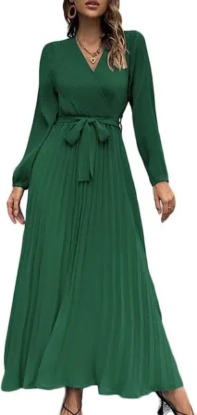 SDEER Womens Casual Dress V Neck Long Sleeve A Line Pleated Dress Tie Waist Solid Flowy Dress for Party Wedding Guest