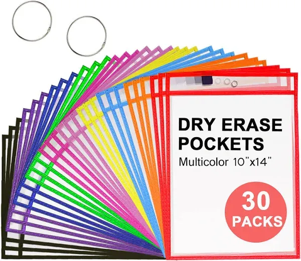 30 Packs Oversized Dry Erase Pocket Sleeves with 2 Binder Ring, Reusable Tick...