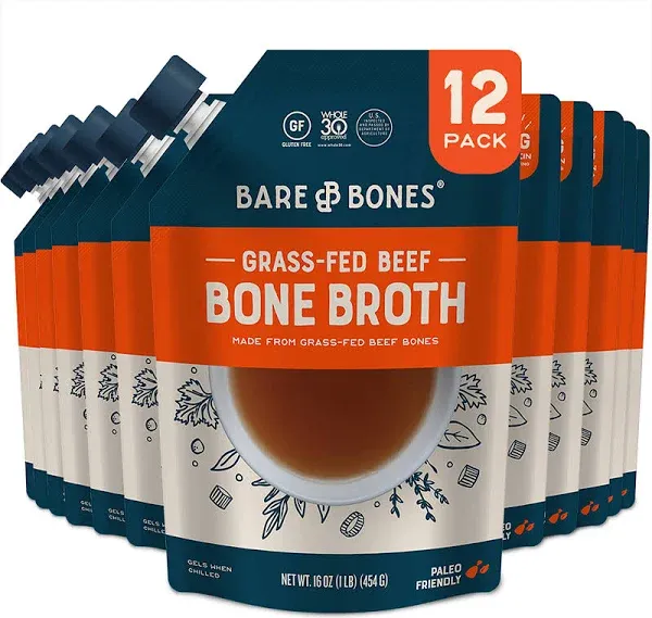 Bare Bones Beef Bone Broth for Cooking and Sipping, 16 oz, Pack of 12, 100% Grass-Fed, Protein and Collagen Rich, Keto Friendly