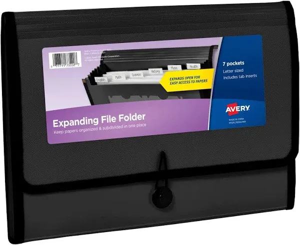 Avery Expanding File Folder Organizer, 7 Sections, Hook/Loop Closure, Letter Size, Black