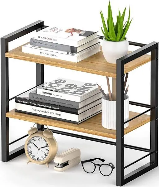 Office Desk Shelf Organizer, Wood Desktop Bookshelf Supplies Storage Rack