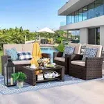 Shintenchi Outdoor Patio Furniture 4 Piece Set, Wicker Rattan Sectional Sofa Couch with Glass Coffee Table Brown