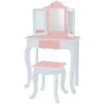 Nromant Kids Vanity Table and Chair Set Girls Vanity Set with Mirror and Stool Tri-Folding Mirror Makeup Dressing Princess Table with Drawer Kids