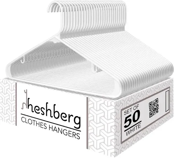 Heshberg Plastic Hangers with Hooks Standard Size 50 Pack, White